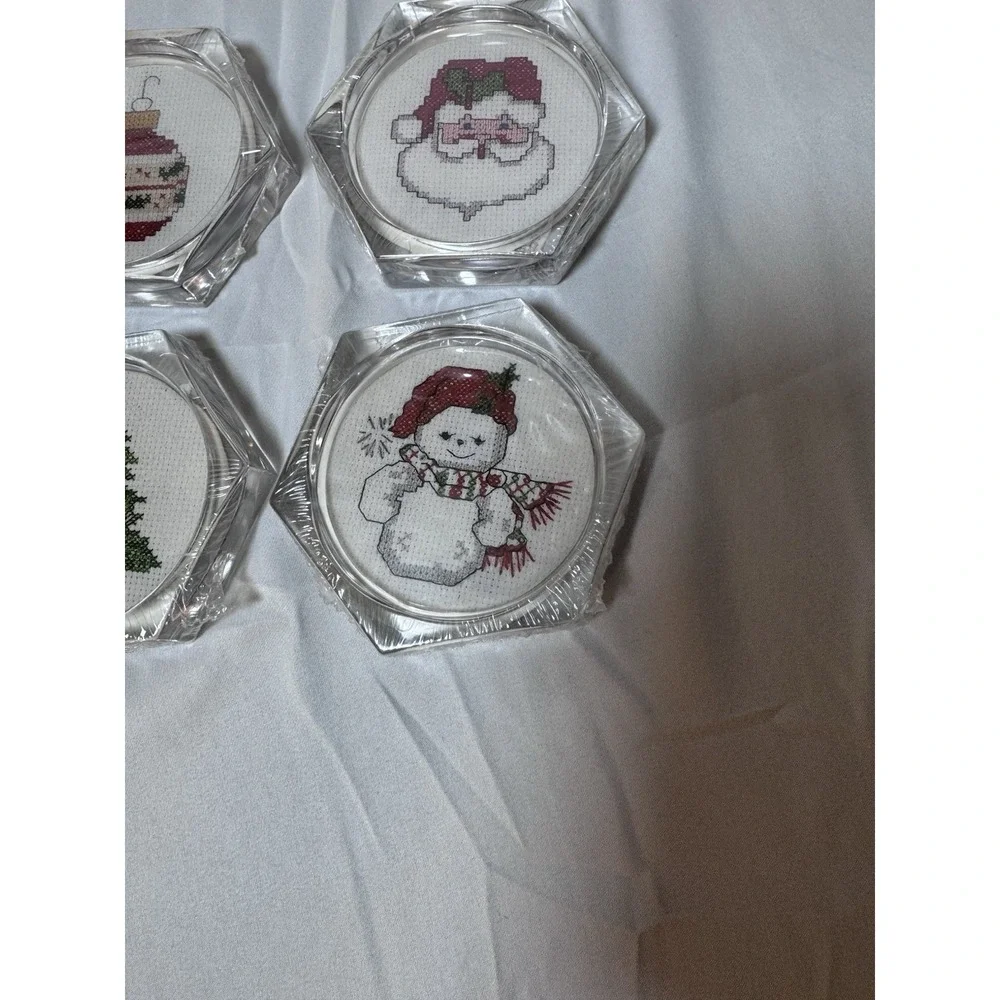 Set of 4 Clear Acrylic Hexagon Christmas Coasters Counted Cross Stitch Vtg New